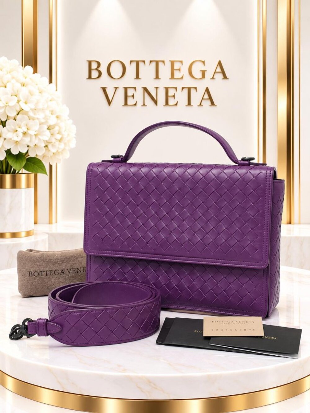 Authentic Bottega Veneta Intrecciato Purple Leather Top Handle Crossbody Bag